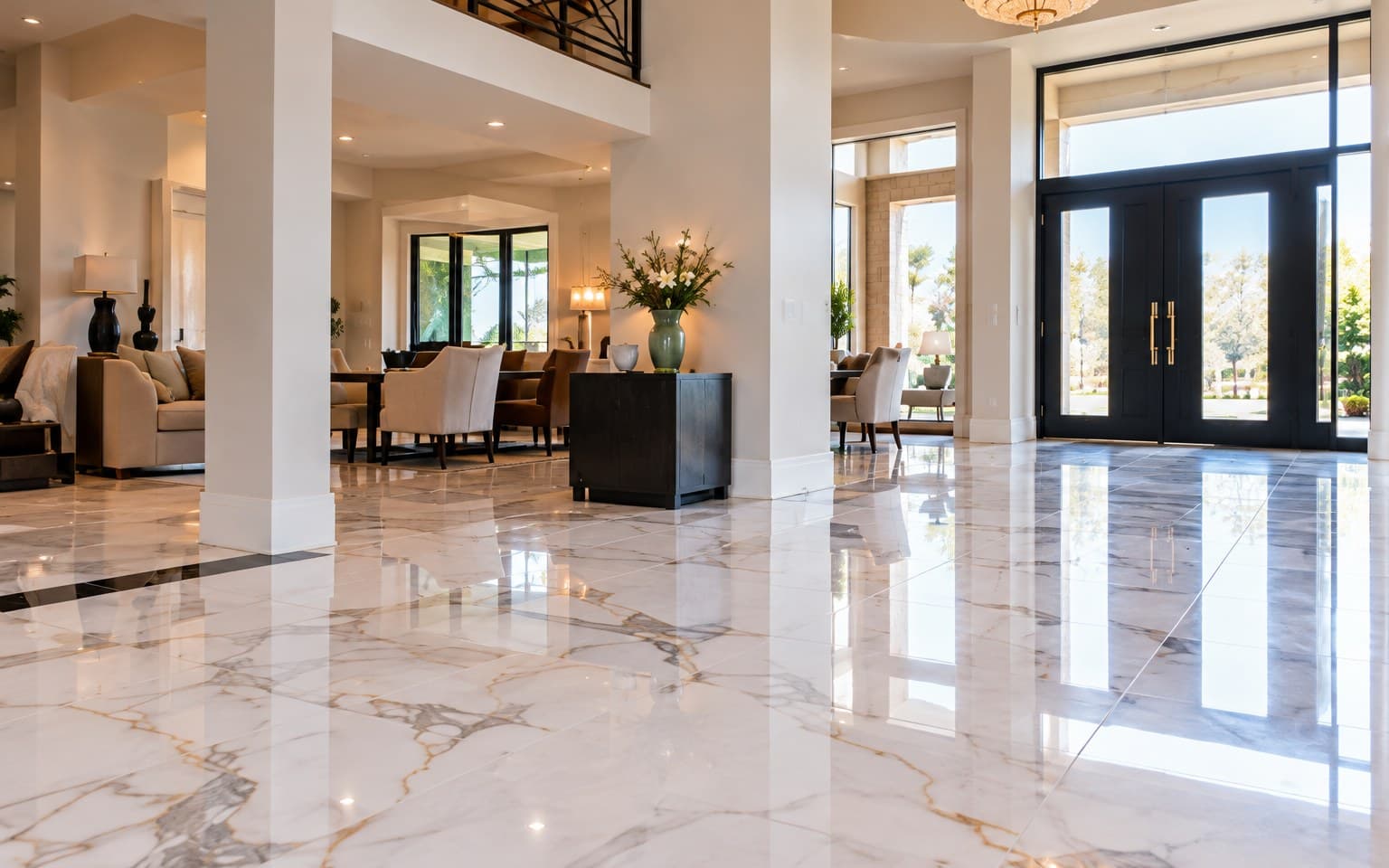 Bright lobby with a polished marble-look floor