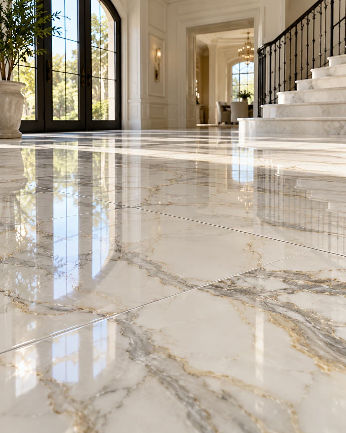 Polished marble-look tile