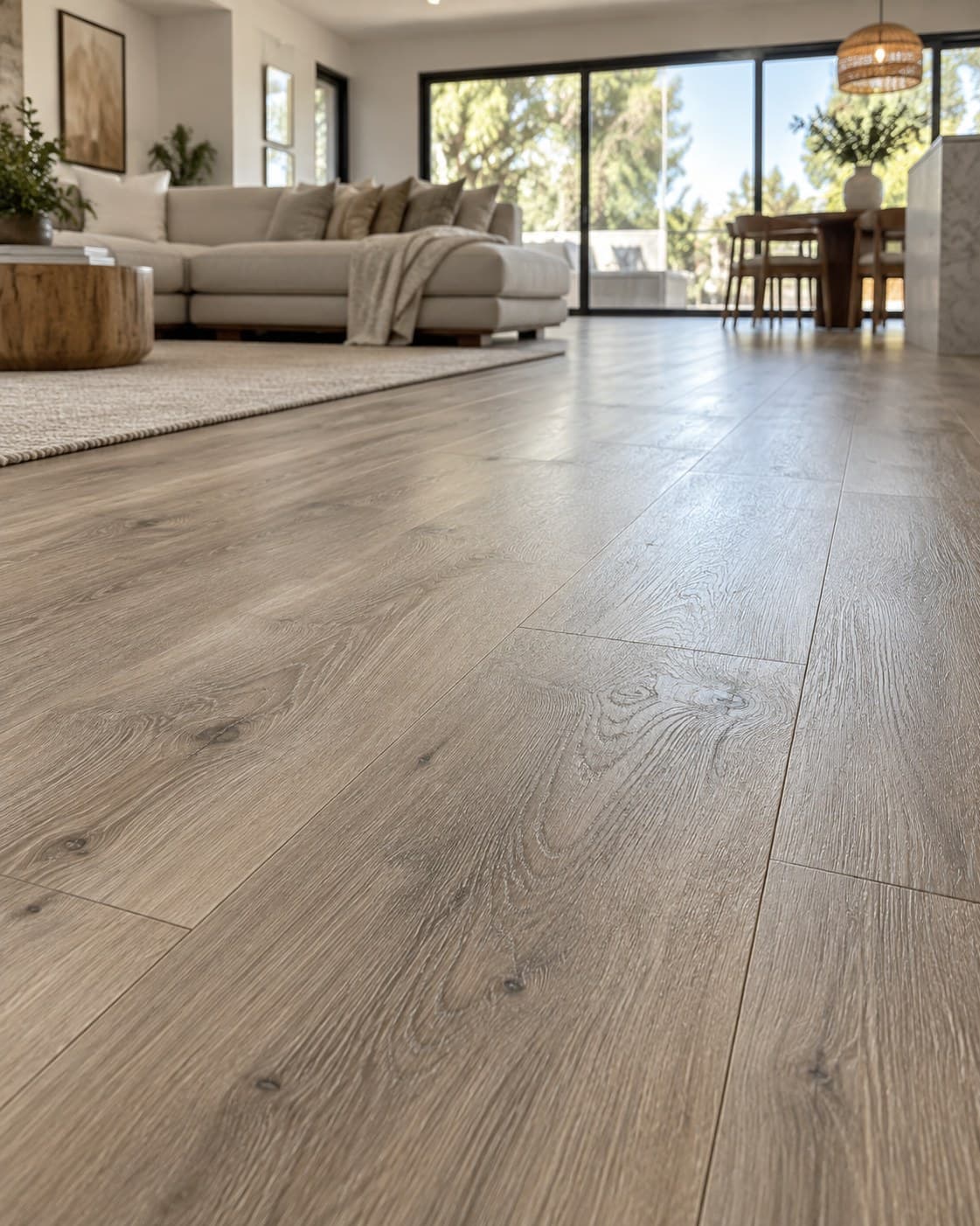 Grey oak-look vinyl plank floor