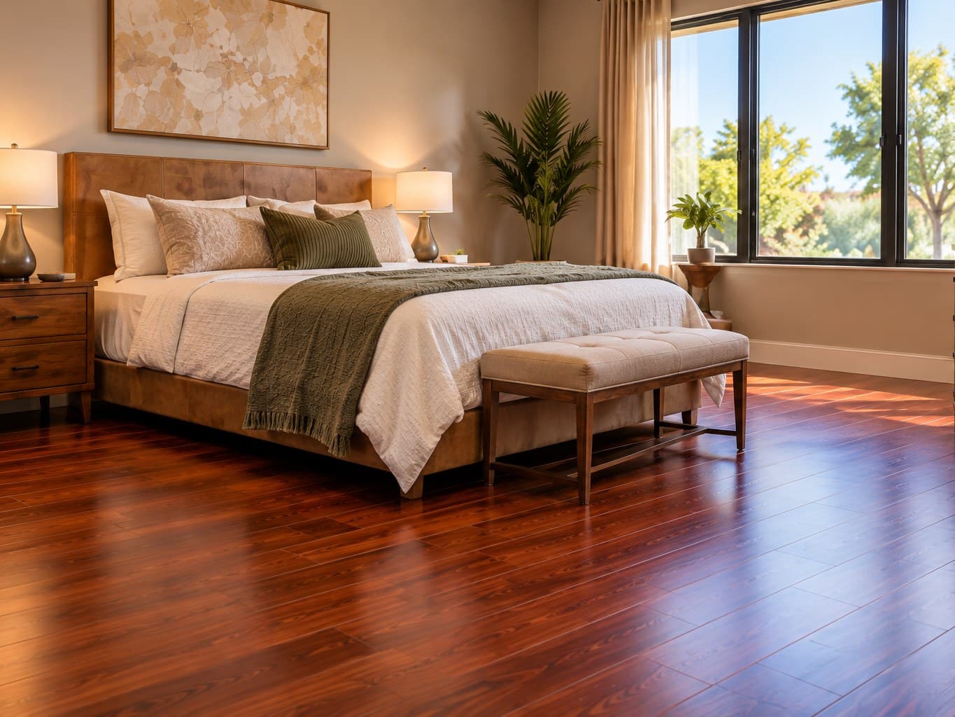 A bedroom with dark wood flooring
