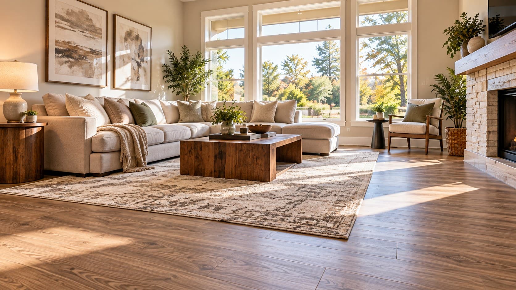 Open-plan kitchen and dining area with wood flooring