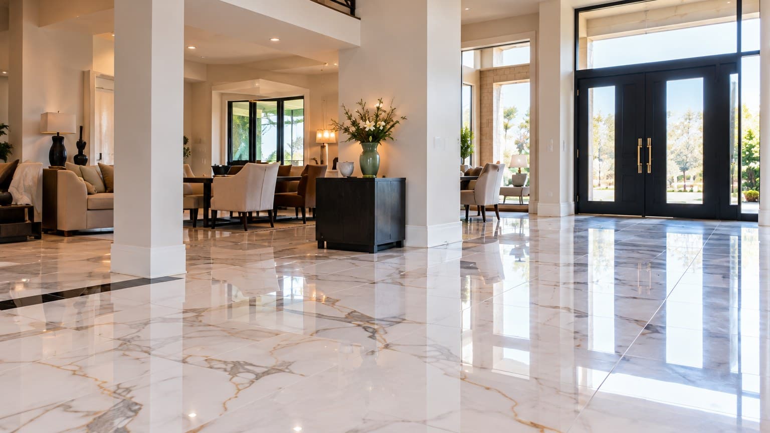 Bright entry hall with polished marble-look porcelain floor