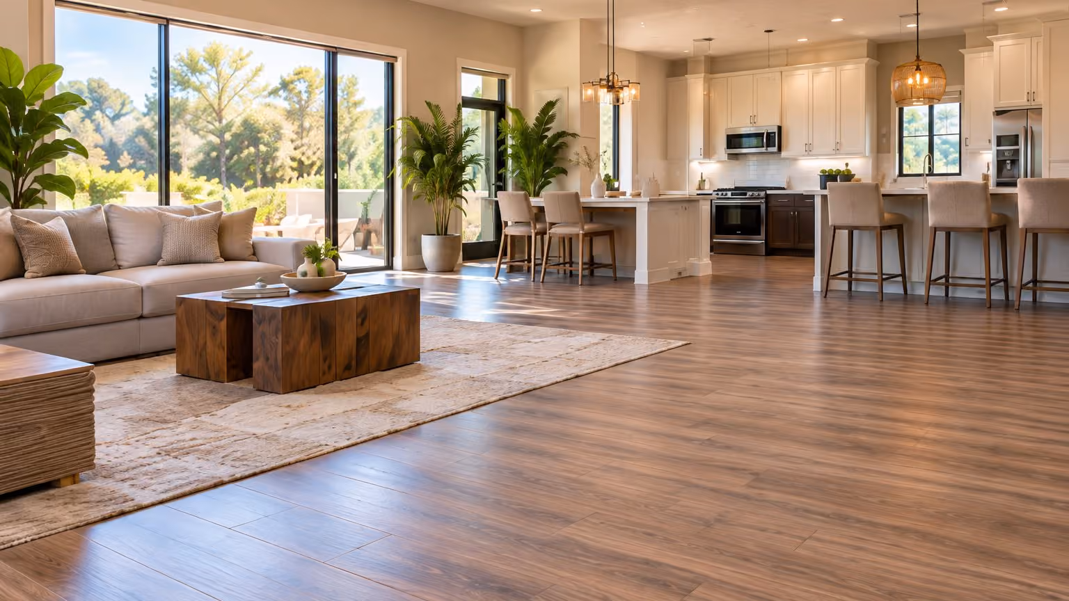 An open-plan kitchen and living room with a new floor