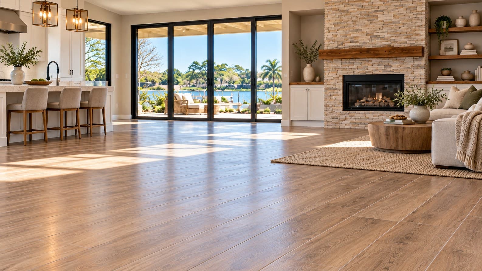An open living room with oak-look plank flooring and lake views